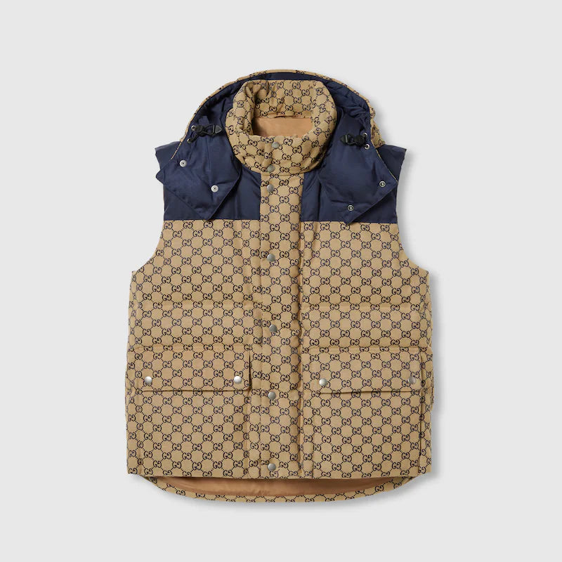 GILET GARNI DE DUVET EN TOILE GG AVEC CAPUCHE AMOVIBLE