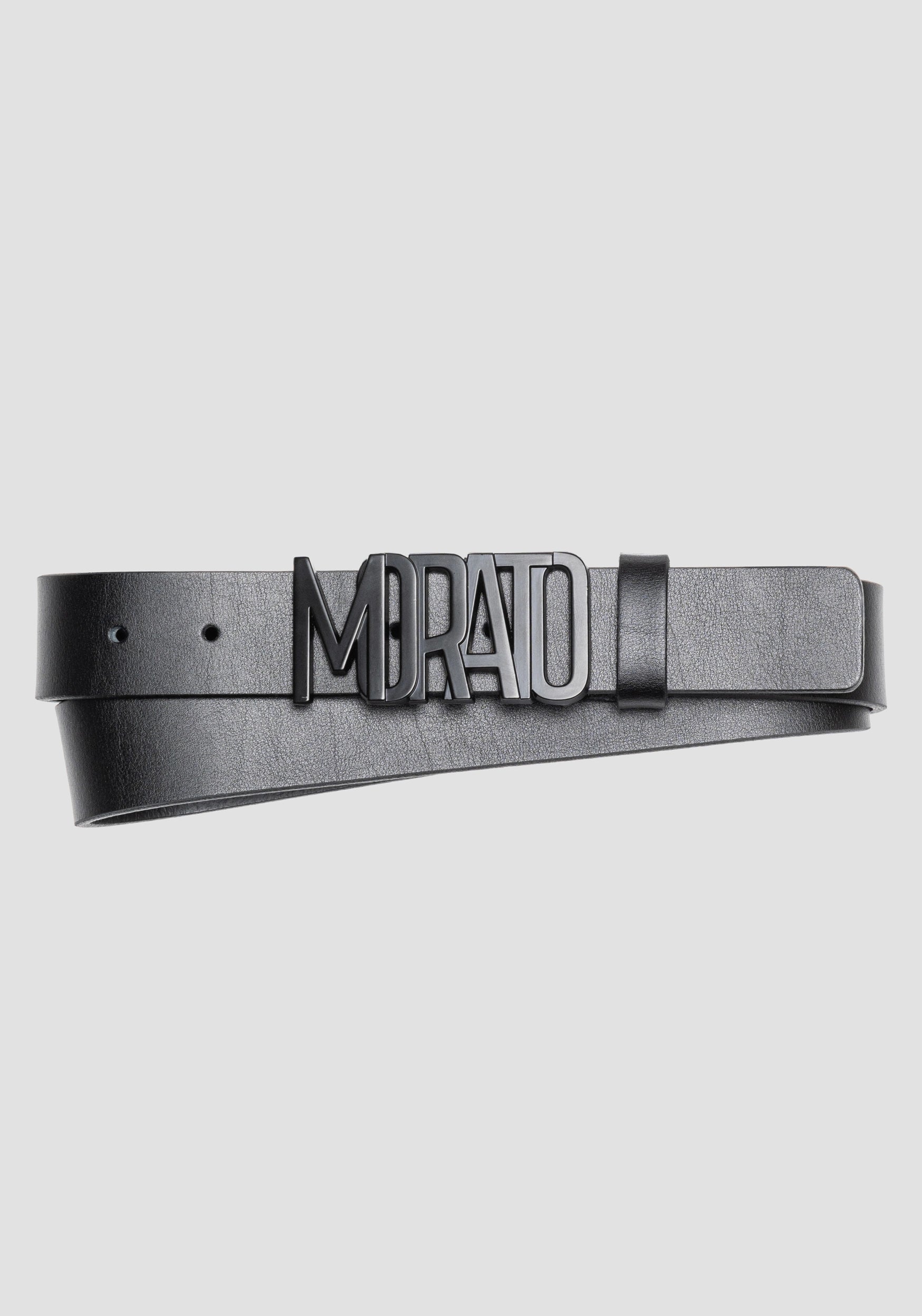 CEINTURE EN CUIR NOIRE AVEC PLAQUE OPAQUE LOGOTYPÉE