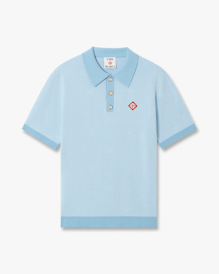 Polo à manches courtes bleu clair en maille à fines rayures