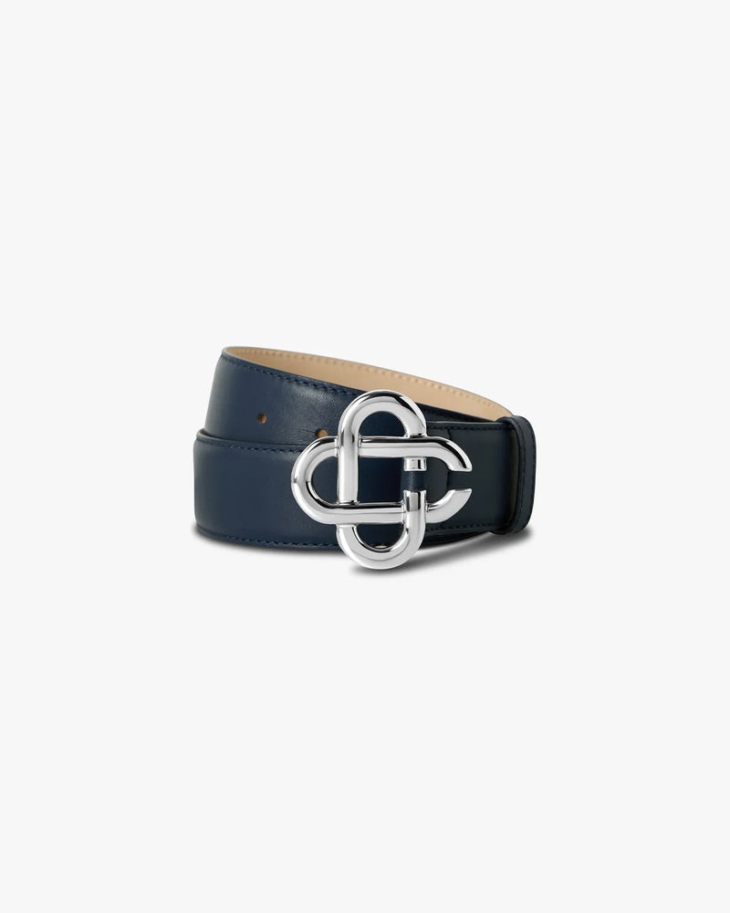 Ceinture classique pour homme bleu marine et argentée en cuir à logo CC